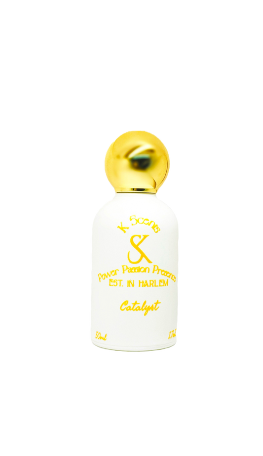 Koromas Aromas Catalyst fragrance bottle, a bold luxury scent inspired by Harlem’s creative spirit.